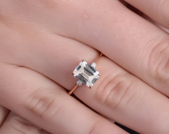 White Sapphire Emerald Cut Ring: 14K Rose Gold Solitaire, Handmade
