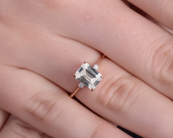 White Sapphire Emerald Cut Solitaire Engagement Ring 14K Rose Gold, Solid Gold Ring, Gift For Her, Anniversary Gift