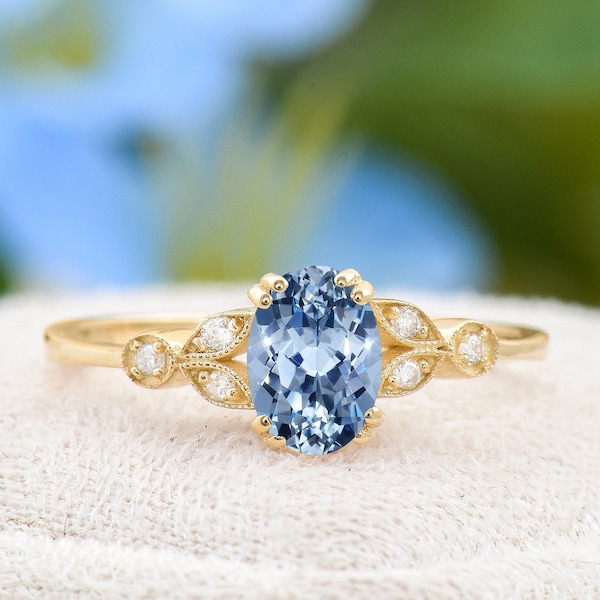 Cornflower Sapphire Engagement Ring, 14K Yellow Gold Oval Cut Sapphire Cornflower Wedding Ring, Natural Light Sapphire Handmade Ring