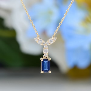 Baguette Blue Sapphire Necklace, Solid Gold Handmade Minimal Desing Diamond Necklace, Blue Baguette Sapphire Pendant, Birthday Gift