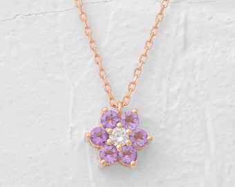 Amethyst Dainty Flower Necklace, Diamond Tiny Flower Pendant, Plant Jewelry, Valentine's Day Gifts