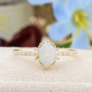 White Opal Diamond Halo Ring: 14K Gold Engagement Ring