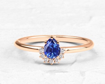 Blue Sapphire Pear Ring: 14k Rose Gold Diamond Engagement Ring