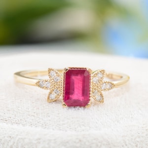 Handmade Solid Gold Ruby Diamond Ring: Emerald Cut Engagement Ring
