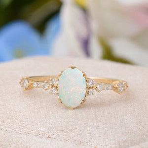 Vintage White Opal Engagement Ring, Solid Gold Handmade Diamond Ring, Oval Shape White Opal Wedding Ring