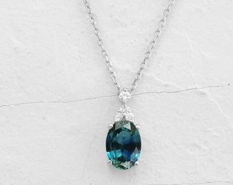 Solid Gold Green Blue Sapphire Necklace: Diamond Accent, Handmade