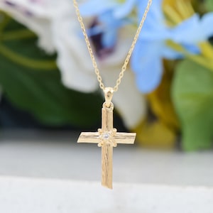 Solid Gold Diamond Cross Necklace: Dainty Crucifix Pendant