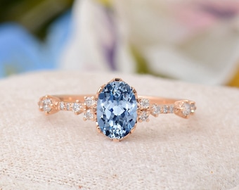 Handmade Rose Gold Cornflower Blue Sapphire Engagement Ring: Diamond Cluster Bridal Ring