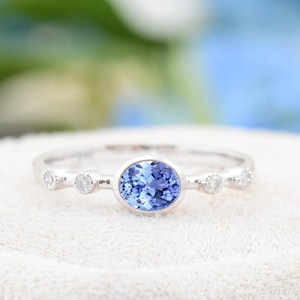 Cornflower Blue Sapphire Engagement Ring, White Gold Oval Cut Sapphire Wedding Ring Diamond Cluster Unique Bridal Promise Gift