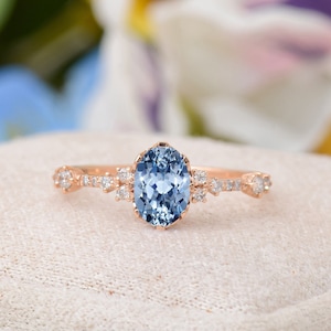 Cornflower Blue Sapphire Engagement Ring, Rose Gold Oval Cut Sapphire Wedding Ring Diamond Cluster Unique Bridal Promise Gift, Handmade Ring