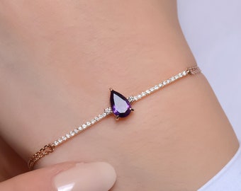 Pear Cut Amethyst Bracelet, Solid Gold Diamond Bracelet, Unique Amethyst Bracelet, Valentines Day Gift, Valentines Day Sale