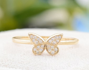 Diamond Solid Gold Butterfly Ring, Solid Gold Diamond Handmade Stacking Ring, Butterfly Jewelry, Animal Lover Beauty Band, Gift for Her