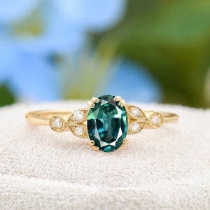 Handmade Oval Teal Green Sapphire Engagement Ring: Solid Gold Diamond Accent