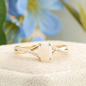 Solid Gold Opal Engagement Ring, 14K Solid Gold Certified White Opal Ring, Braided Band Oval Solitaire Ring, October Birthstone Ring