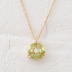 Green Peridot Necklace, Genuine Peridot Necklace in 14K Gold, Unique Peridot and Diamond Pendant, Valentine&#39;s Day Gifts