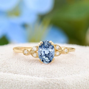 Cornflower Sapphire Engagement Ring, 14K Yellow Gold Oval Cut Sapphire Cornflower Wedding Ring, Natural Light Sapphire Handmade Ring