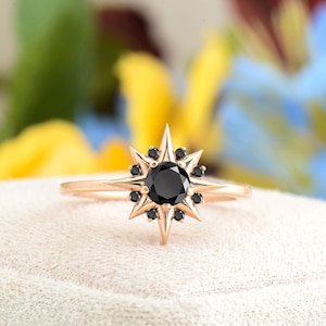 Black Diamond Engagement Ring, Round Shape Black Diamond Ring, Solid Gold Black Diamond Ring, Black Diamond Dainty Ring Woman, Gift for Her