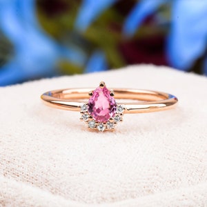 Pear Pink Sapphire Engagement Ring, Gold Diamond Engagement Ring, Rose Gold Unique Engagement Ring