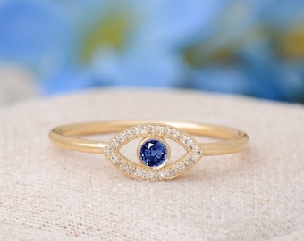 Handmade Solid Gold Blue Sapphire Evil Eye Ring, Dainty Blue Sapphire Evil Eye Ring, Evil Eye Ring Solid Gold Diamond, Devil Eye Ring