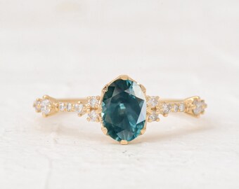 Oval Blue Green Sapphire Vintage Engagement Ring, Handmade Solid Gold