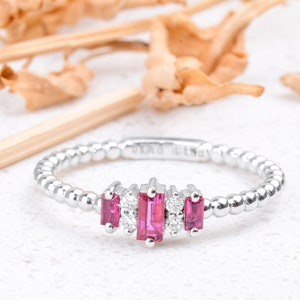 Natural Ruby Baguette Cut Ring,Diamond& Ruby Minimal Ring/Wedding Bands