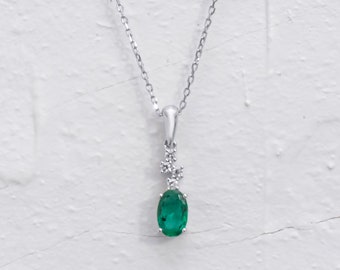 Dainty Emerald & Diamond Necklace: Initial Pendant, Adjustable Chain