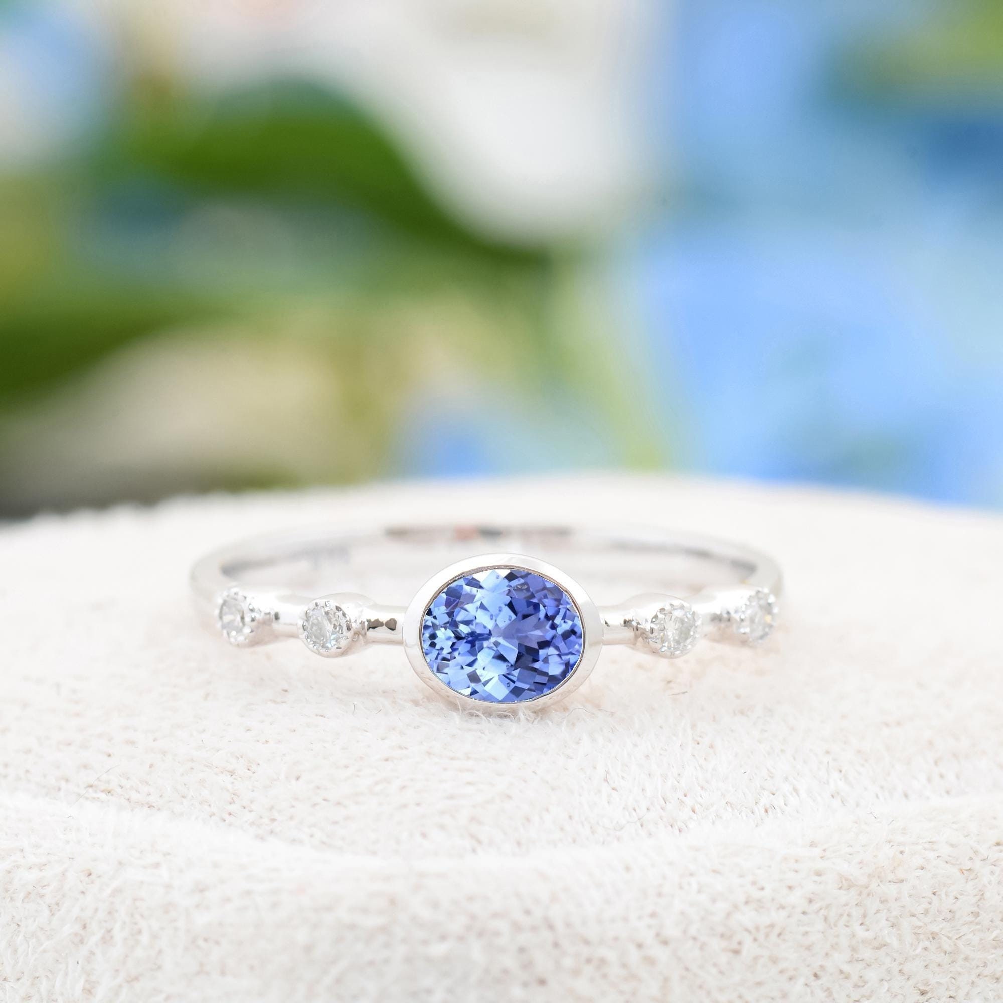 Cornflower Blue Sapphire Engagement Ring, White Gold Oval Cut Sapphire Wedding Ring Diamond Cluster Unique Bridal Promise Gift