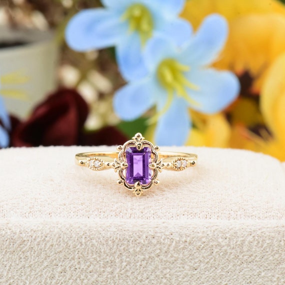 Emerald Cut Amethyst Engagement Ring: Etched Promise Ring, CT