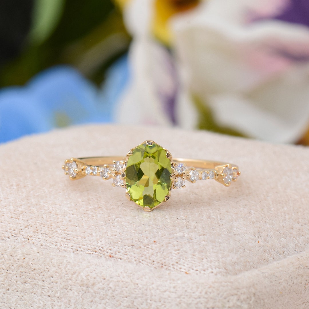 Vintage Peridot Engagement Ring Oval Shaped Rose Gold Diamond - Etsy