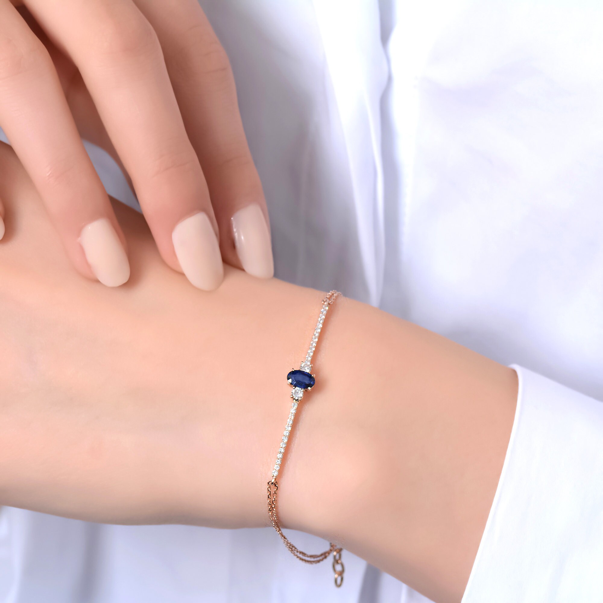 Bracelet En Gold Filled Avec Saphir Bleu Naturel 2139 - Fait Main, Neuf Avec étiquettes