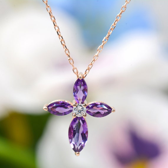 Natural Purple Amethyst Cross Necklace, Diamond Religious Necklace 