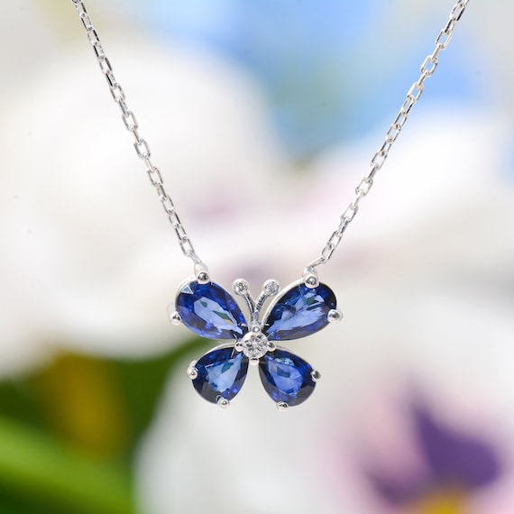 Blue Sapphire Butterfly Necklace Minimal Sapphire Enamel
