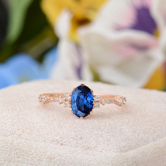 Natural Blue Sapphire Engagement Ring Solid Gold Oval Cut Blue