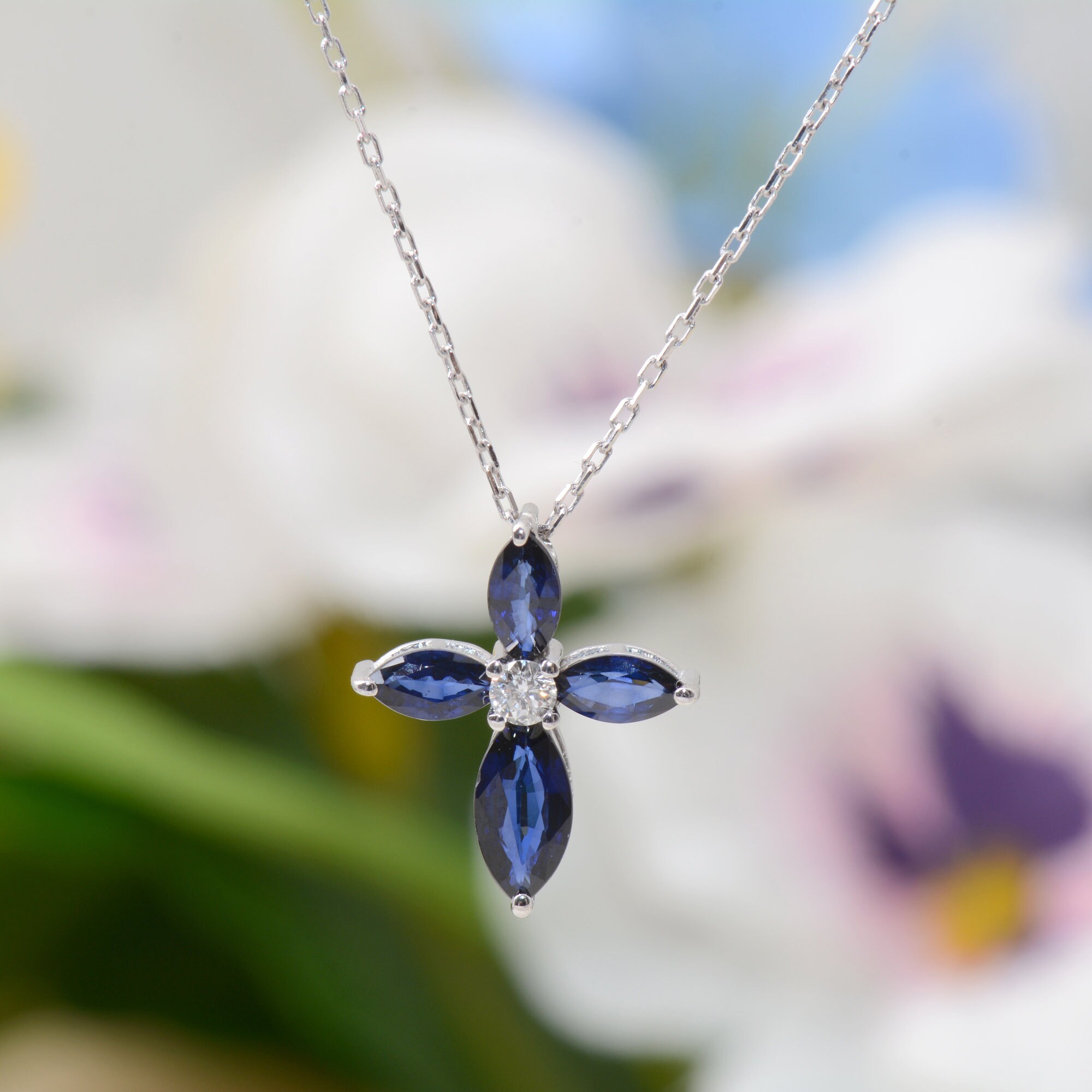 Solid Gold Blue Sapphire Cross Necklace Diamond Religious Etsy