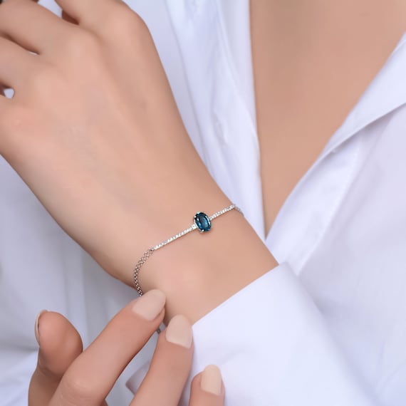 London Blue Topaz Bracelet Solid Gold Diamond Bracelet Unique Blue Topaz Bracelet Valentines Day Gift Valentines Day Sale Etsy