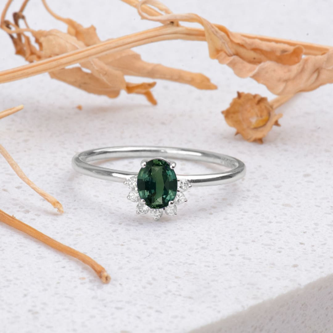 Oval Cut Green Sapphire Engagement Ring, Handmade Natural Green ...