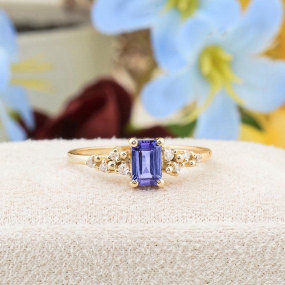 14K Gold Tanzanite Engagement Ring: Emerald Cut Diamond Wedding