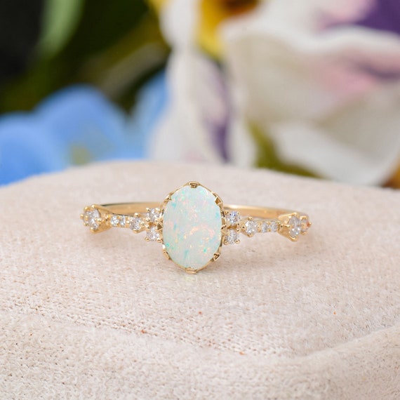 Vintage White Opal Engagement Ring Solid Gold Handmade Etsy
