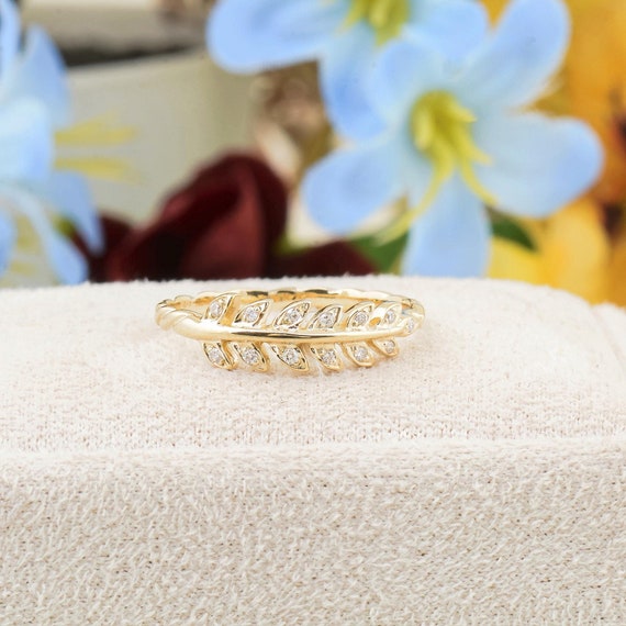 14K Gold Diamond Olive Branch Ring: Handmade Leaf Twig Ring UK