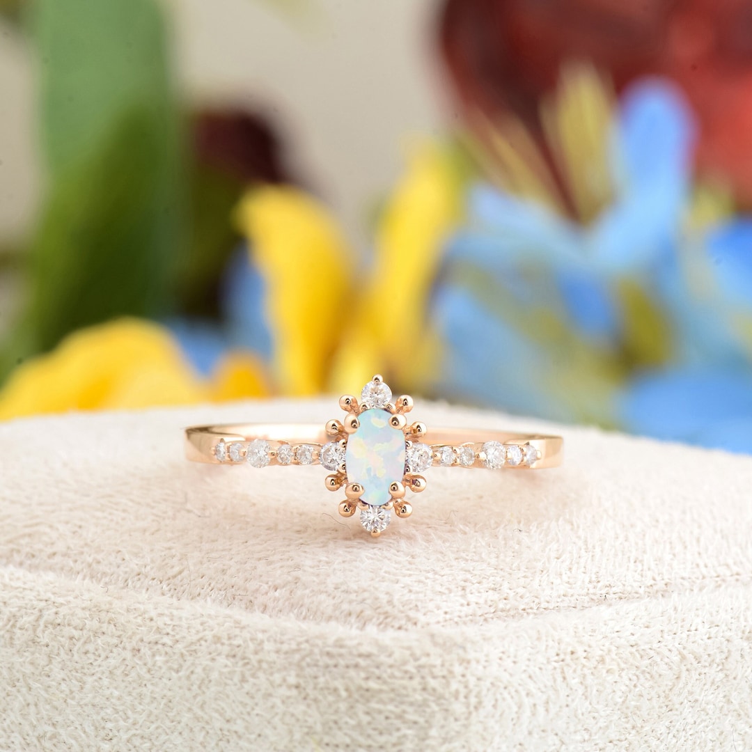 Vintage White Opal Engagement Ring, Solid Gold Handmade Diamond Ring — free download