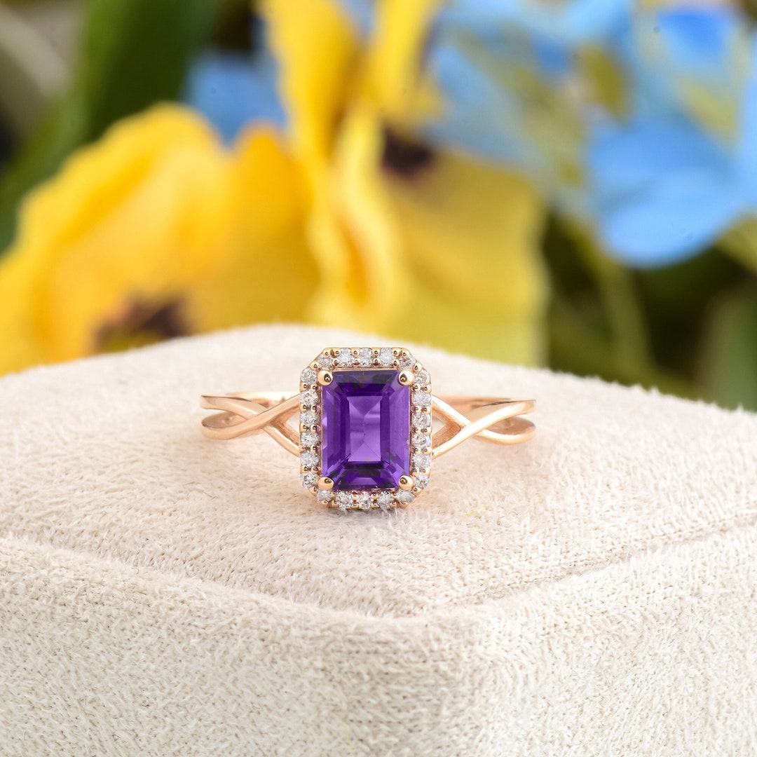Amethyst Engagement Ring, Solid Gold Emerald Shape Purple Amethyst