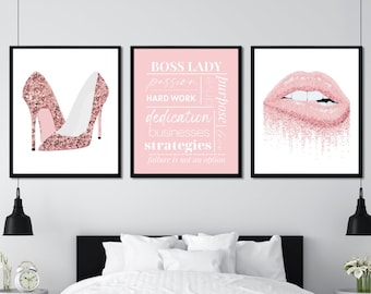 Pink Boss Lady Wall Set; 3 Piece Office Art Decor; Fashion Wall Print; Boss Lady Definitions; High Heel Art; Pink Lips