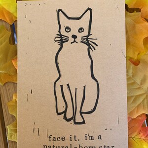 Pu&ograve; includere: Un biglietto marrone con un disegno a linea nera di un gatto seduto con il testo "face it... i'm a natural-born star" sotto il gatto.