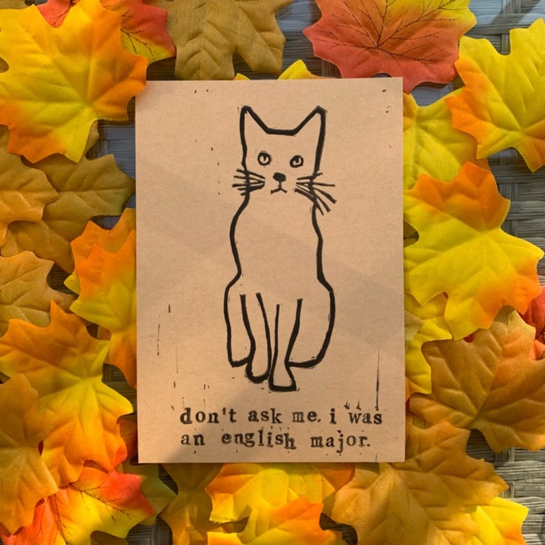 Pu&ograve; includere: Un'illustrazione in bianco e nero di un gatto seduto su uno sfondo beige. Il testo "don't ask me, i was an english major." &egrave; stampato sotto il gatto.