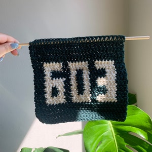 Może przedstawiać: Zielony, dziergany baner z napisem "603" z białej przędzy.