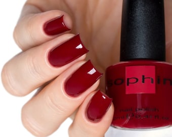 Burgundy nail polish. sophin 0032. high gloss finish. vegan cosmetics. bright lacquer. dark red nail polish. manicure nail art.