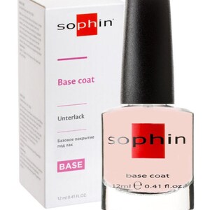 Peut inclure: Un flacon transparent de vernis à ongles avec une base rose. Le flacon est étiqueté "sophin base coat" et a une capacité de 12 ml (0.41 fl oz).