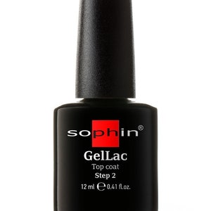 Może przedstawiać: Czarna butelka lakieru do paznokci Sophiin GelLac top coat. Butelka jest oznaczona "Top coat Step 2" i zawiera 12 ml lub 0.41 fl. oz. produktu.