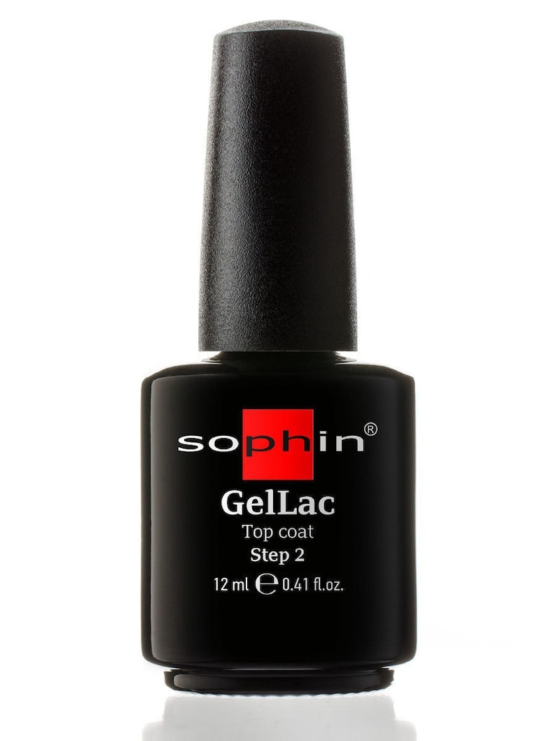May include: Black bottle of Sophiin GelLac top coat nail polish. The bottle is labeled "Top coat Step 2" and contains 12 ml or 0.41 fl. oz. of product.