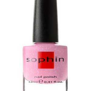 May include: A pink nail polish bottle with a black cap and the word "sophin" in red letters on the front. The bottle is labeled "nail polish" and contains 0.41 fl. oz. of polish.